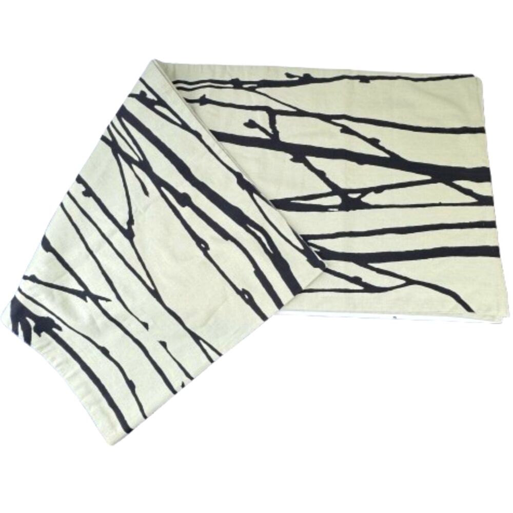 CB2 Twig Table Runner Natural Cotton Tan Black Modern Print 14 x 72" Home Decor